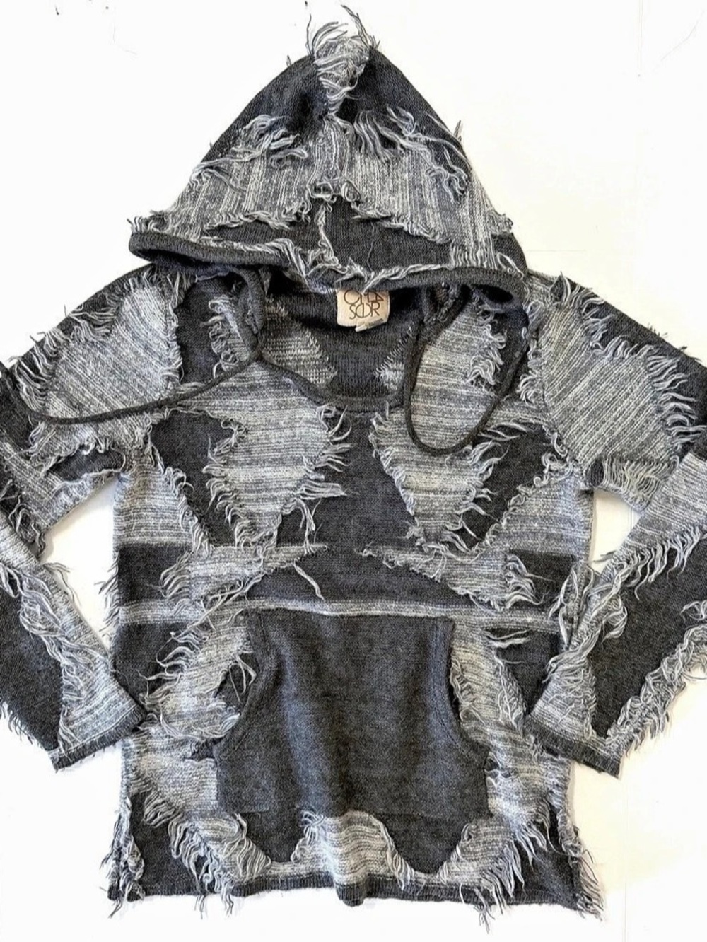Chaser Distressed Patchwork Hoodie Black & Gray Oversized XS Punk Fairy Grunge